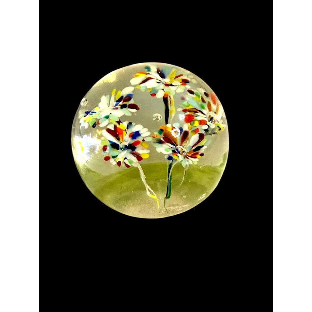 Vintage Art Glass Paperweight vibrant confetti "trumpet flowers" 2 1/4" x 2 3/4"